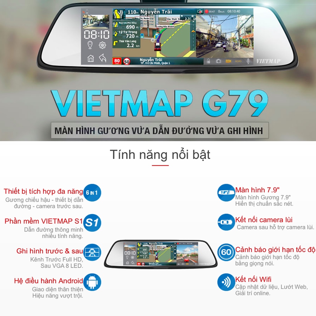 VIETMAP G79 - Camera Hành Trình Ghi Hình Trước Sau+ Bản Đồ Dẫn Đường+ Màn Hình Hiển Thị 3 Khung Hình - hàng chính hãng