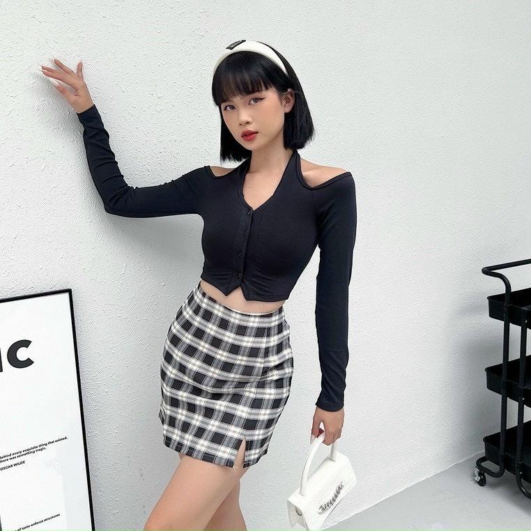 Áo Croptop Ôm Body PINKSTORE29 Cổ Yếm Hở Vai Sang Chảnh Tay Dài A5443
