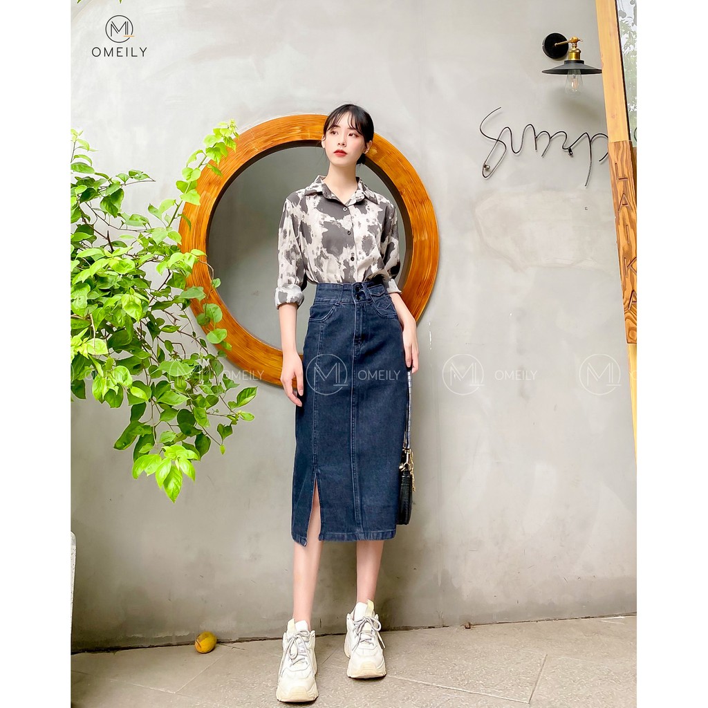 Chân váy suông dài xẻ tà cạp cao đen trơn phong cách Ulzzang Omeily