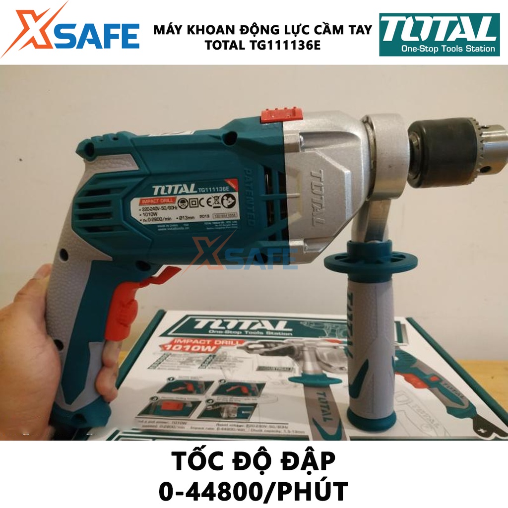 Máy khoan búa cầm tay TOTAL TG111136E công suất 1010W, tốc độ 2800rpm, khả năng khoan 13mm, có chỉnh tốc, đảo chiều