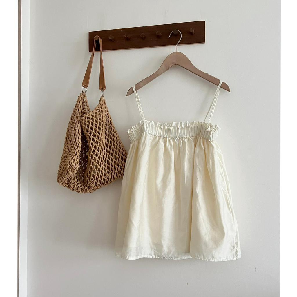 Áo kiểu nữ, Áo babydoll chất thô 2 lớp vintage có dây điều chỉnh màu kem đen Hàn Quốc SM171