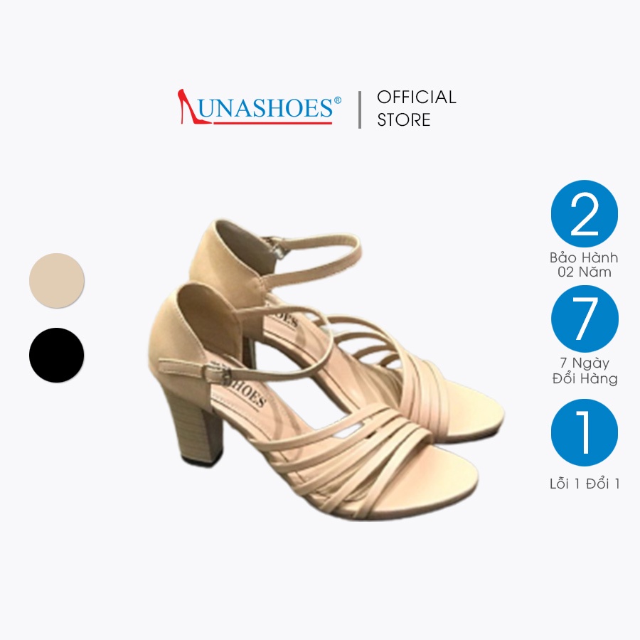 Giày sandal cao gót 7p mũi tròn đế vuông nữ Lunashoes  da si có quai ngang màu đen, kem bảo hành 1 năm