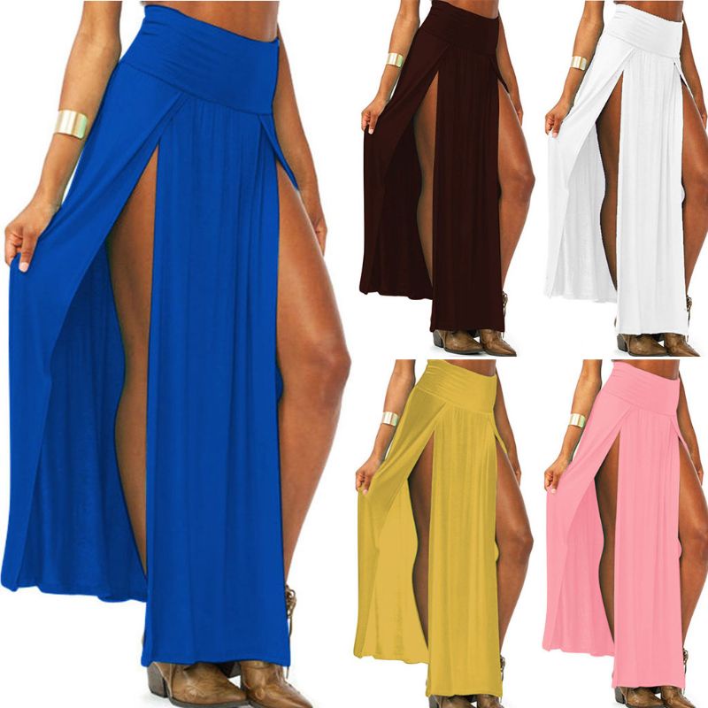 Chân Váy Maxi Dài Lưng Cao Màu Trơn Xẻ Tà Trước Quyến Rũ Cho Nữ