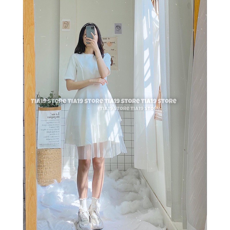 Váy trắng tầng cổ tròn ren SP000046 . Đầm voan tầng ( ẢNH THẬT SHOP CHỤP)