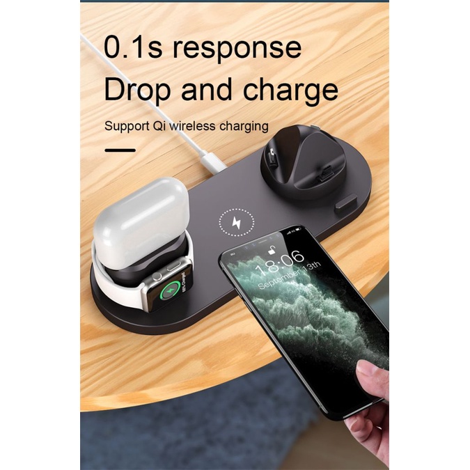 Đế Sạc Nhanh Không Dây 10W 6 Trong 1 Cho Apple Watch 7 6 5 4 iPhone 13 12 11 XS MAX XR X 8 Airpods Pro