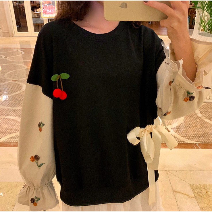 ÁO NỈ THẮT NƠ CHERRY CHÂN VÁY BỒNG BỀNH