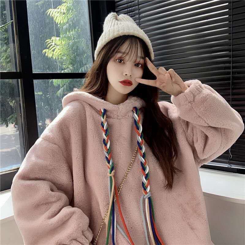 Áo hoodie nữ len nhung form rộng dày dặn Hàn Quốc | BigBuy360 - bigbuy360.vn