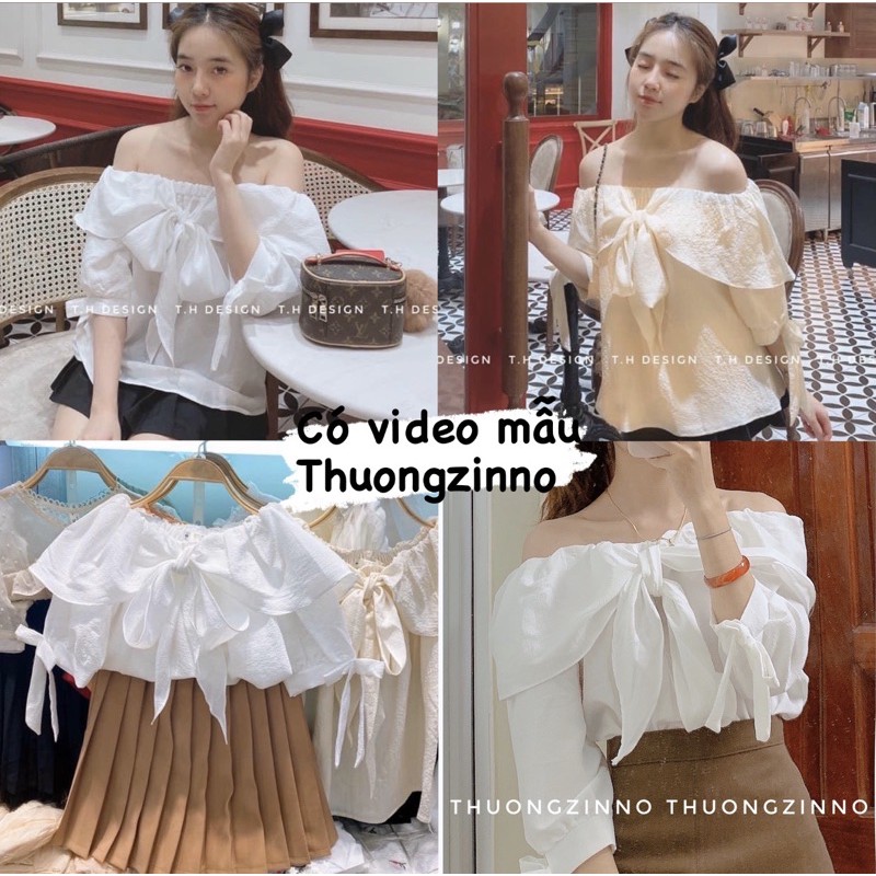 [Ảnh thật/Video]Áo trễ vai chất xốp Hàn thắt nơ xinh xắn Áo cổ bèo trắng