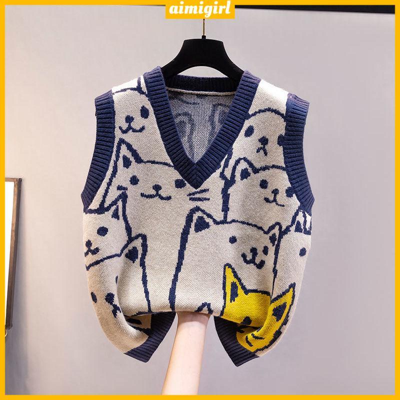 Mới Áo Sweater Dệt Kim Sát Nách Cổ Chữ V Dáng Rộng In Hoạt Hình Mèo Thời Trang Cho Nữ