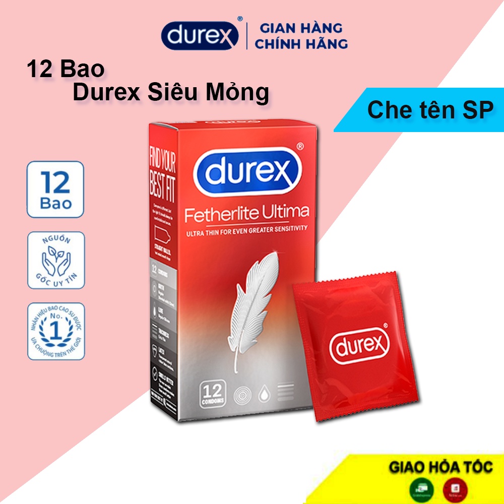 Bao cao su trơn, nhiều gel Durex Fetherlite Utima 12 bao. Bao Durex Latex tự nhiên.