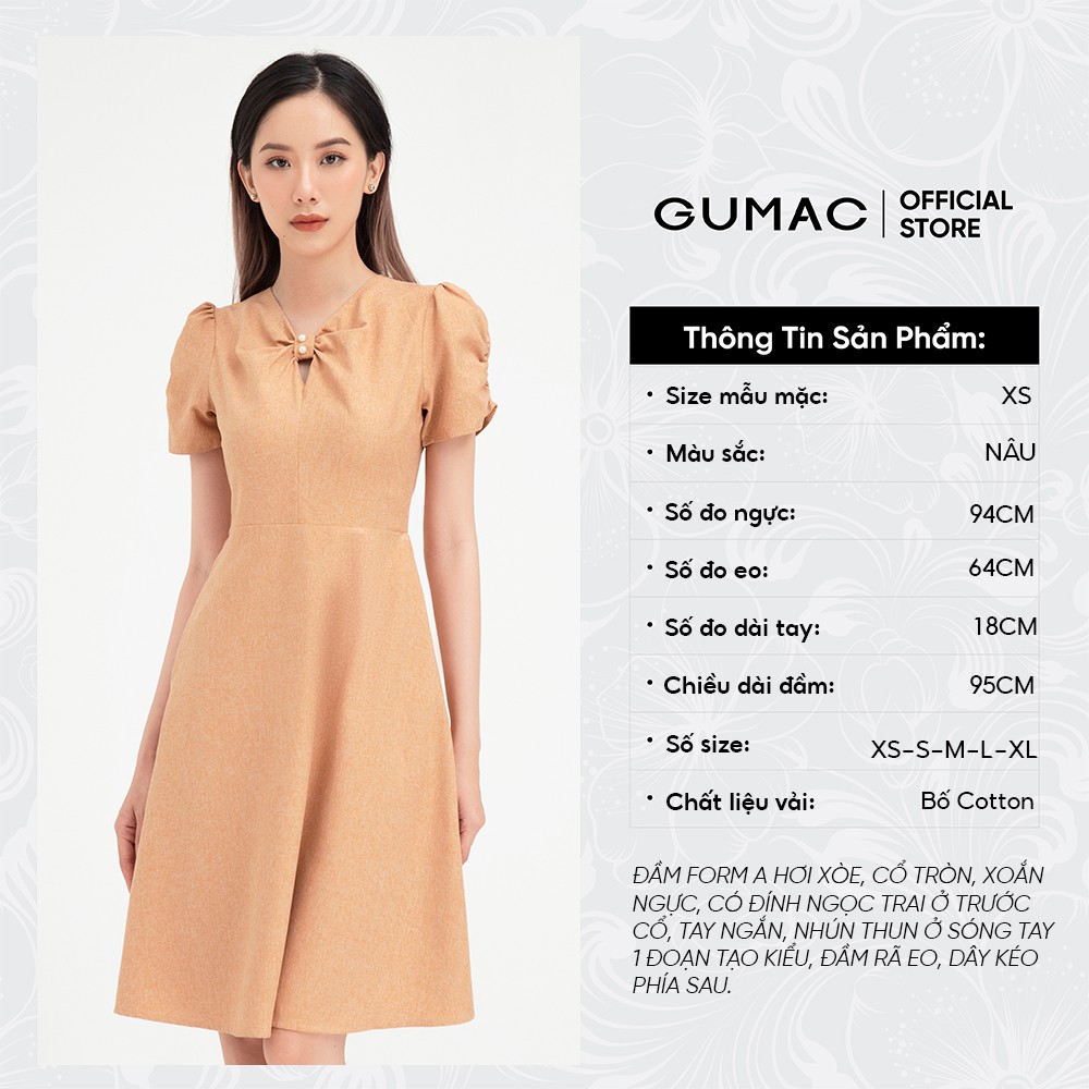 Đầm dáng ôm nữ nhún tay khoét cổ GUMAC thiết kế công sở trẻ trung màu nâu DB441 | BigBuy360 - bigbuy360.vn