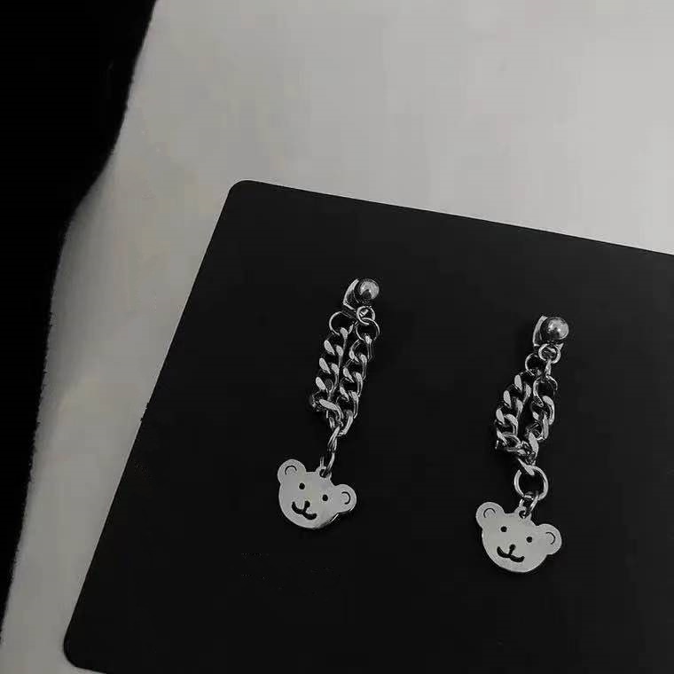 Bông Tai Hình Gấu Phối Dây Xích Phong Cách Hip Hop Thời Trang Hàn Quốc Cá Tính