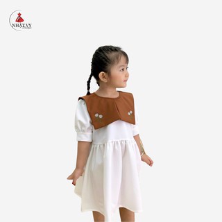 Đầm bé gái Nhật Vy cổ tròn phối bèo vuông thêu hoa dáng babydoll chất cotton sang trọng - M02