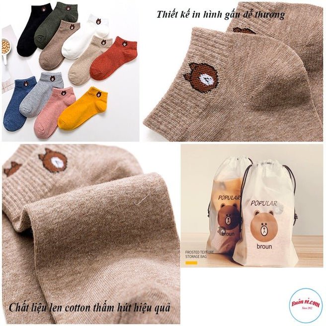 Set 10 đôi tất gấu cổ ngắn họa tiết Brown xinh xắn - Tất gấu cổ ngắn đủ màu pastel chất liệu cotton thoáng mát - 01461