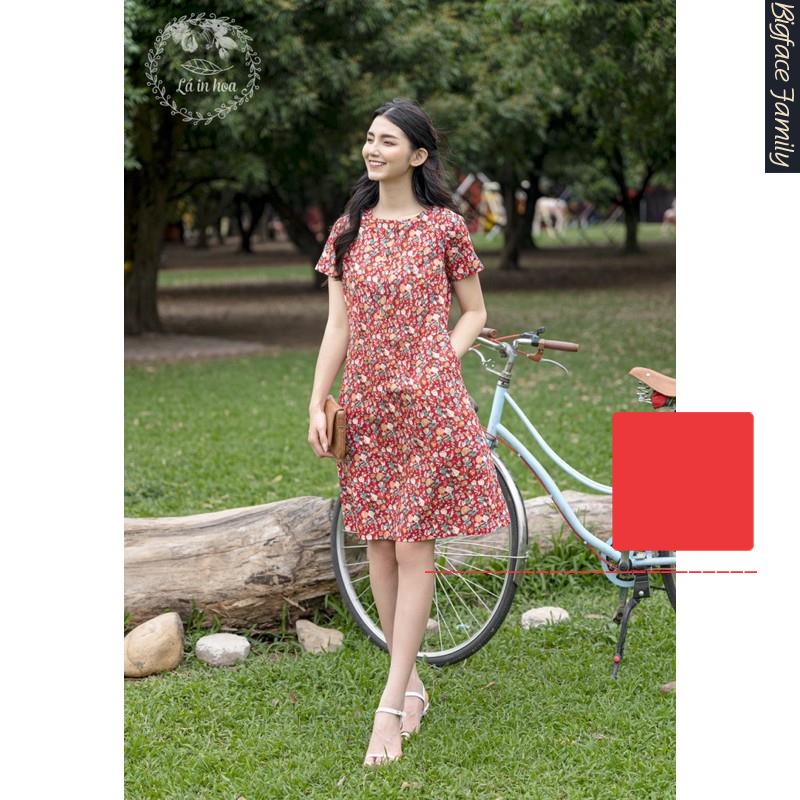 Váy Hoa Đỏ Cộc Tay Cổ Tròn Cài Khuy Suông A Lá In Hoa