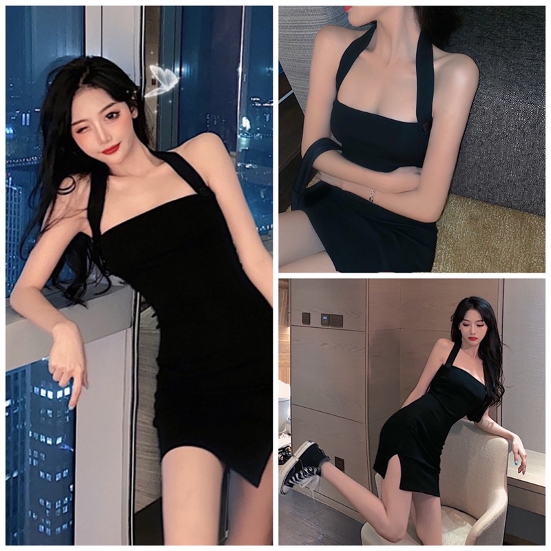 Đầm Cổ Yếm Xẻ Tà Form Chuẩn Ôm Body Chất Thun Gân Hot Hit Ulzzang