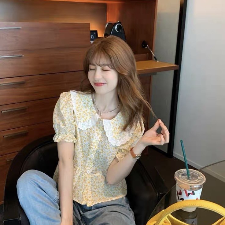 Áo hoa nhí baby doll cổ sen bèo viền ren  Ulzzang style  Hàng quảng Châu