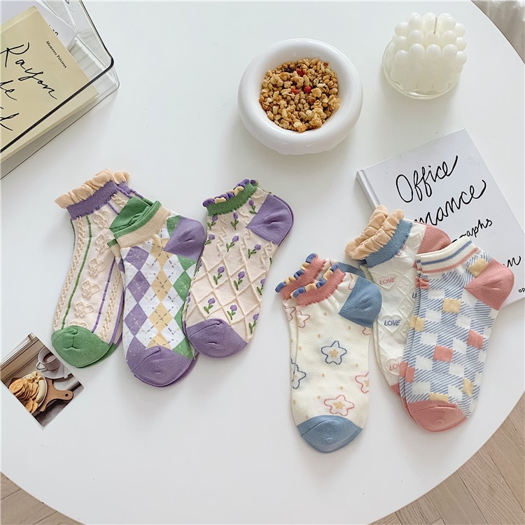 Vớ tất cổ ngắn LOLITA xoăn cổ màu xanh lá tím hồng pastel