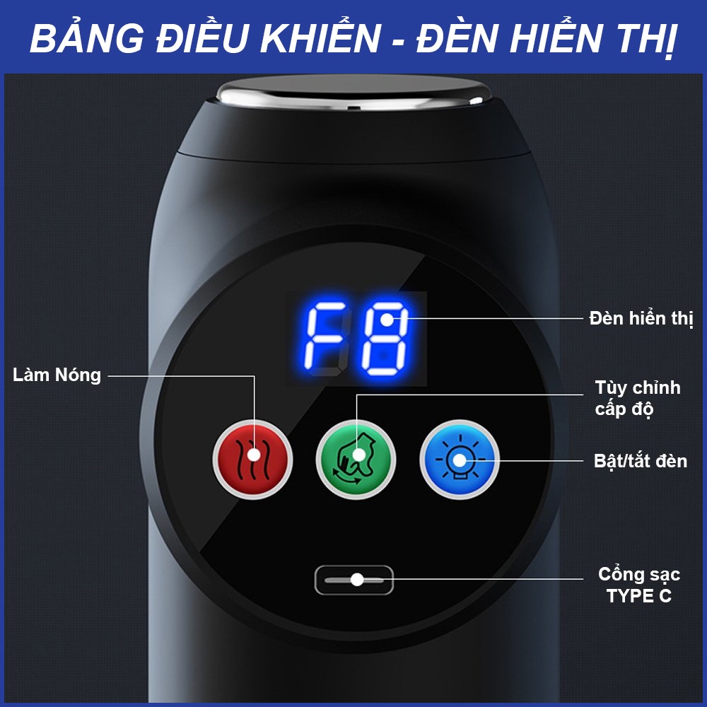 Máy massage cầm tay METAMO 4 đầu 8 cấp độ nóng trị đau nhức toàn thân hiệu quả, súng massage kèm 4 đầu mát xa chuyên sâu