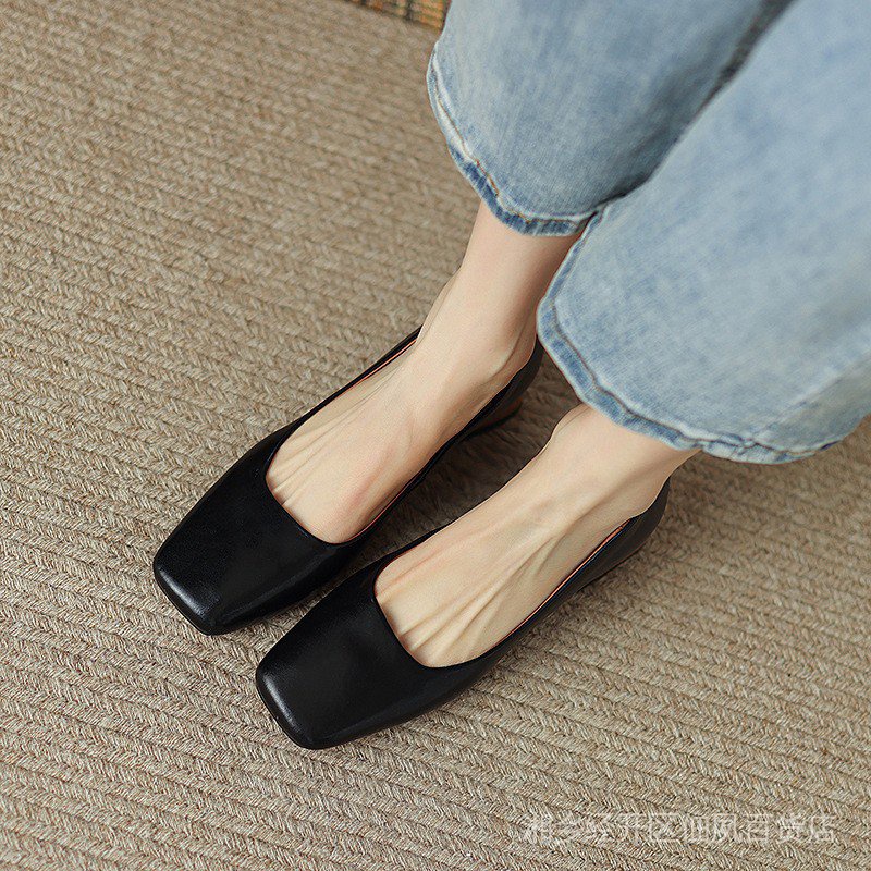 Giày Búp Bê Da Mũi Vuông Đế Thấp Màu Trơn Thời Trang Xuân Hè 2022