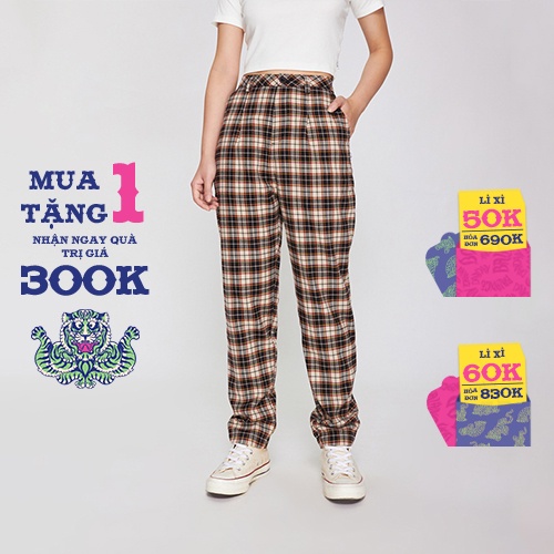 Quần Baggy Nữ BOO Lưng Cao, Vải kẻ Caro Cá Tính, Phối Túi Sau