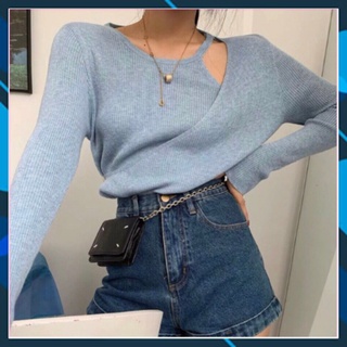 Áo len tăm tay dài hở vai yếm liền vạt chéo cài khuy ulzzang kiểu Hàn Quốc