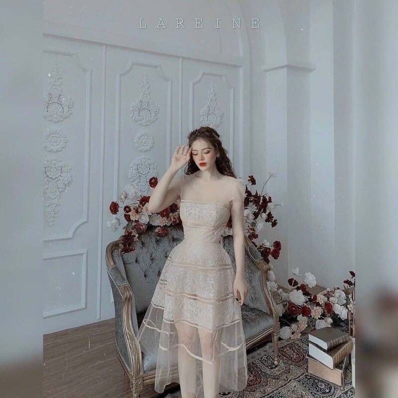 Đầm xoè ren viền màu nude