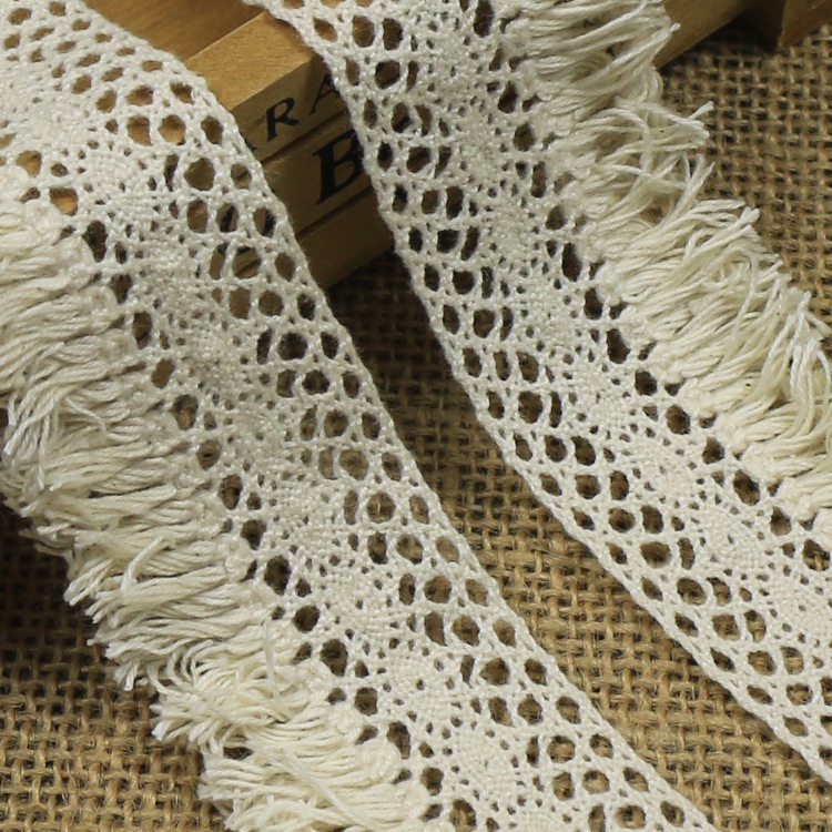 Ruy băng ren cotton pha tua rua sợi bông 4cm, phụ kiện trang trí handmade