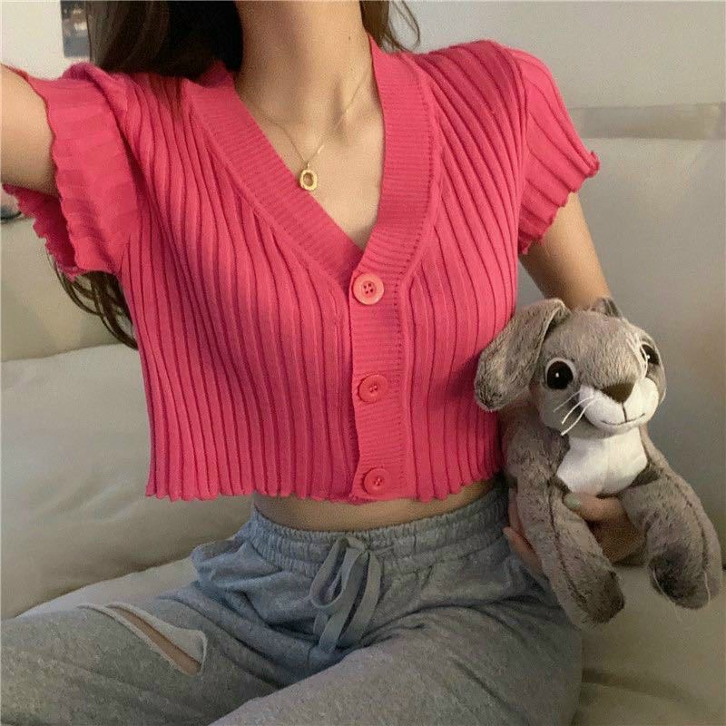 Áo croptop nữ tay ngắn nút chất len gân dệt NPAO034