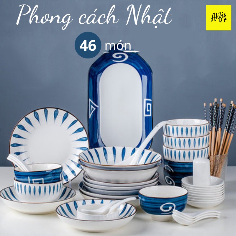 Bộ bát đĩa, bộ chén đĩa sứ viền nâu 46 món cho 6 - 8 người phong cách Nhật Bản – phụ kiện bàn ăn và quà tặng tân gia