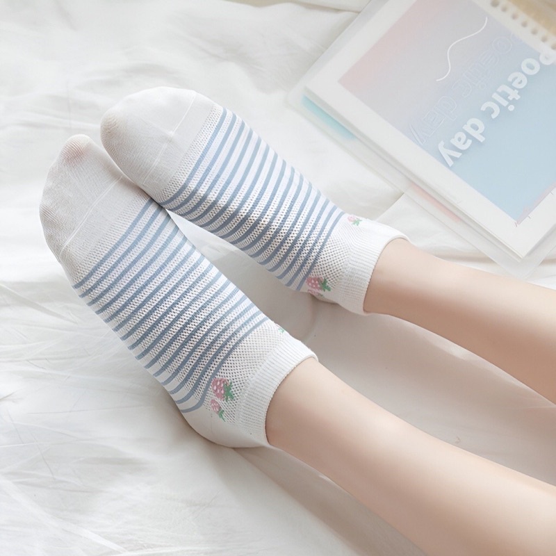 Set 5 đôi tất dâu xanh nữ,  vớ trắng xanh cotton thấm hút tốt