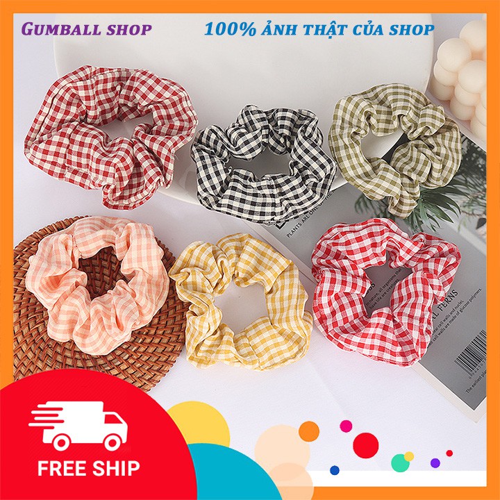 Scrunchies chun cột tóc hoạ tiết kẻ caro, chất vải dày dặn - Dây buộc tóc caro phong cách Hàn Quốc