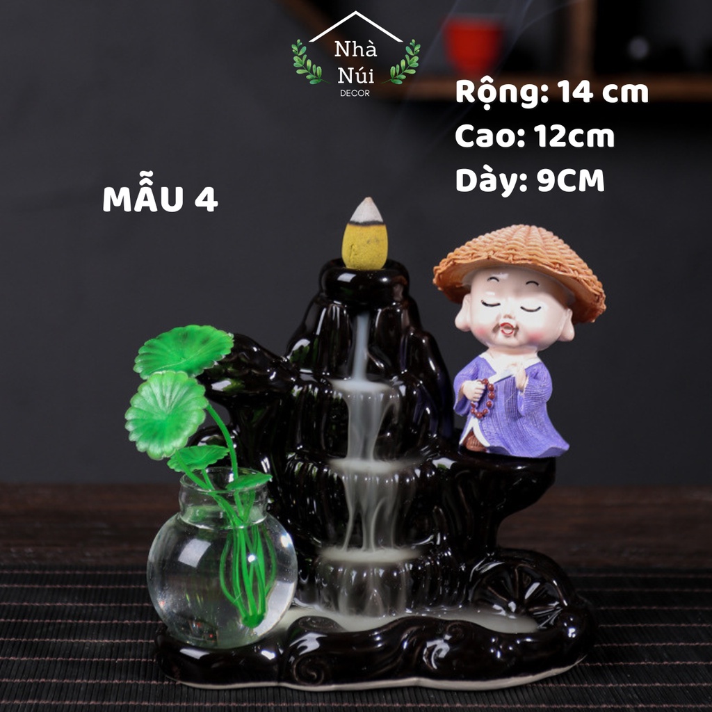 Tiểu cảnh thác khói trầm hương thiên nhiên khói tỏa ngược có chú tiểu, nhang trầm không tăm, chất liệu sứ cao cấp T5
