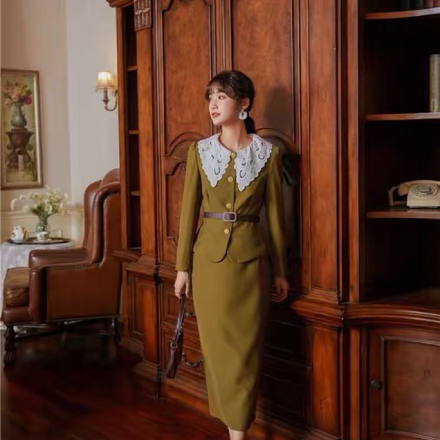 Set vest chân váy classic cao cấp, set áo vest chân váy retro cổ điển