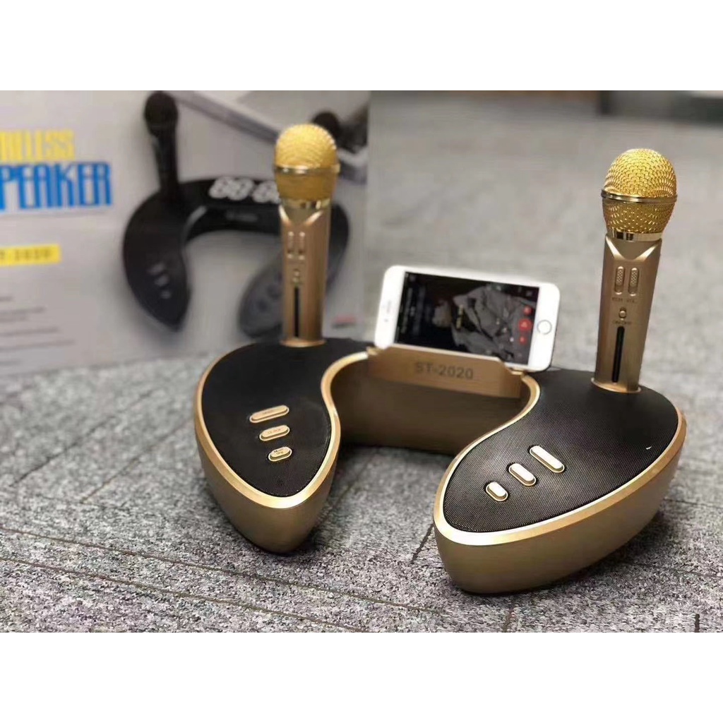 Loa bluetooth cao cấp ST 2020 - Dàn âm thanh karaoke mini - Mặt đồng hồ led cực đẹp - Tặng kèm 2 micro không dây