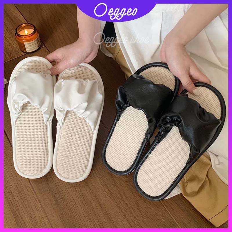 Oeteo Dép Da Đi Trong Nhà Đế Bằng Xếp Ly Thiết Kế Dễ Thương Cho Nữ