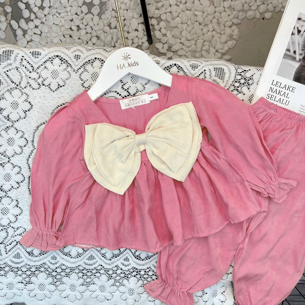 Đồ bộ bé gái, Set tiểu thư áo sơmi babydoll dài tay cổ vuông nơ ngực và quần dài chất đũi cho bé 8-20 kg, SUN KID'S