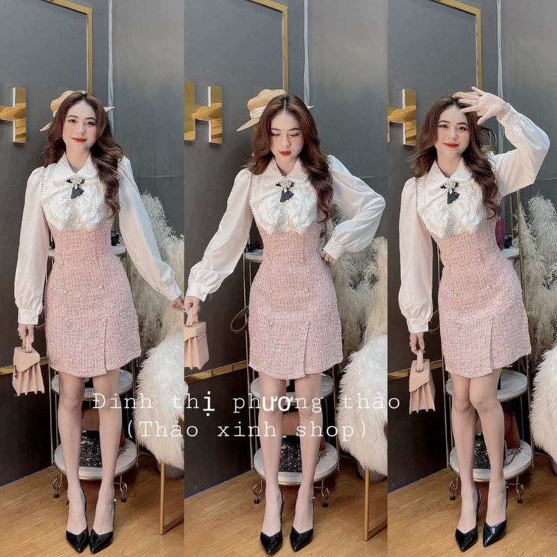 Váy dạ twees hồng phối sơ mi bèo kèm nơ sang chảnh mặc được 2 kiểu