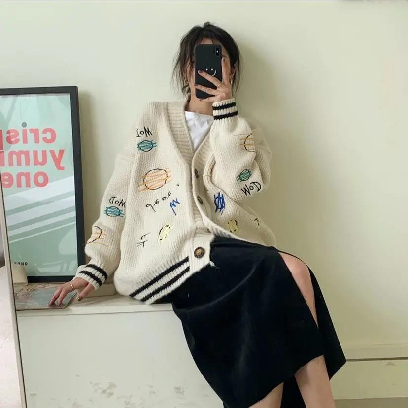 Áo Khoác Cardigan Dệt Kim Dáng Rộng Thêu Họa Tiết Thời Trang Hàn Quốc Cho Nữ | WebRaoVat - webraovat.net.vn