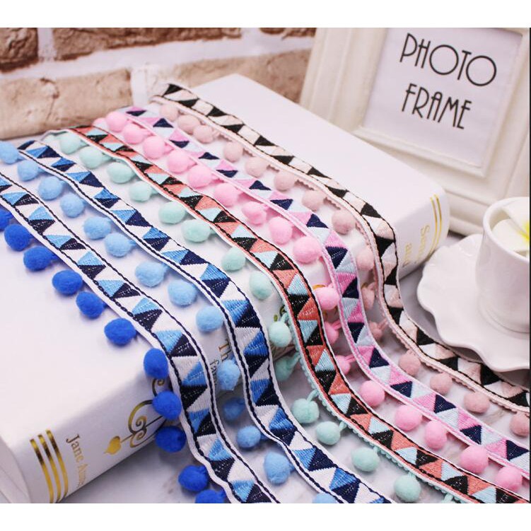 Dải ruy băng thêu hoạ tiết phối tua rua hạt pom pom nhiều màu sắc