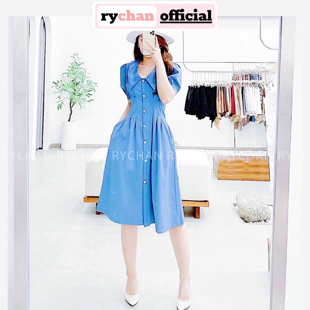 Đầm Nữ Dự Tiệc Dáng Sơ Mi Tay Ngắn Phồng Xếp Li Eo Tôn Dáng Cực Màu Xanh Vàng - DX9791