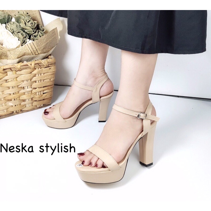 Giày sandal nữ cao gót quai ngang đế đúp gót trụ cao 10 cm mang êm mã Nes.11