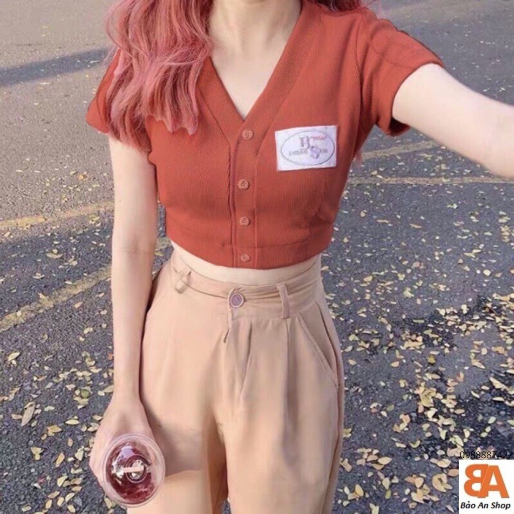 Áo croptop cổ V nút phối thêu tem