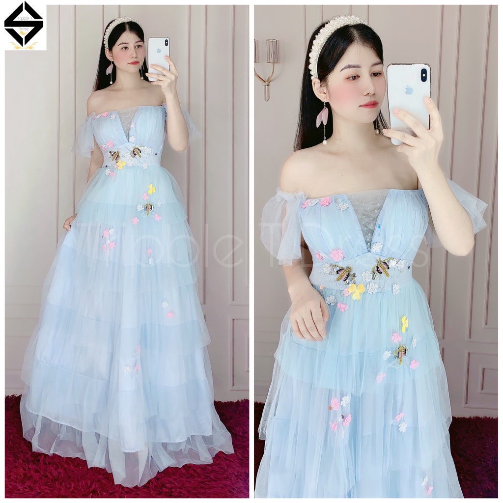 Đầm maxi bẹt vai xếp tầng kết cườm hình bướm TRIPBLE T DRESS - size M/L (ảnh/video thật) - MS312V