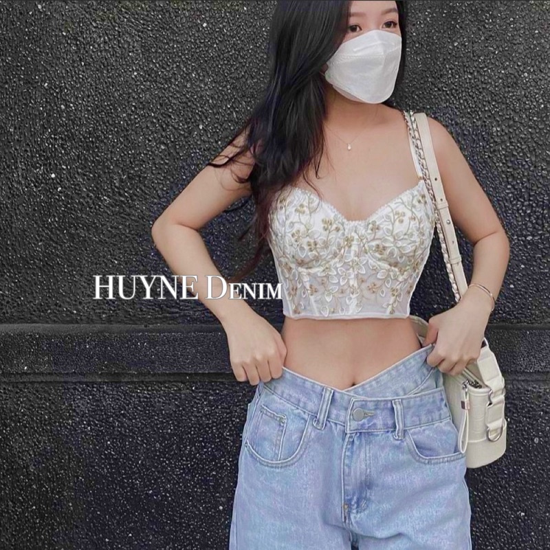 Quần jean nữ ống rộng đai chéo màu xanh nhạt chất mình chuẩn 40-52kg HUYNE Denim