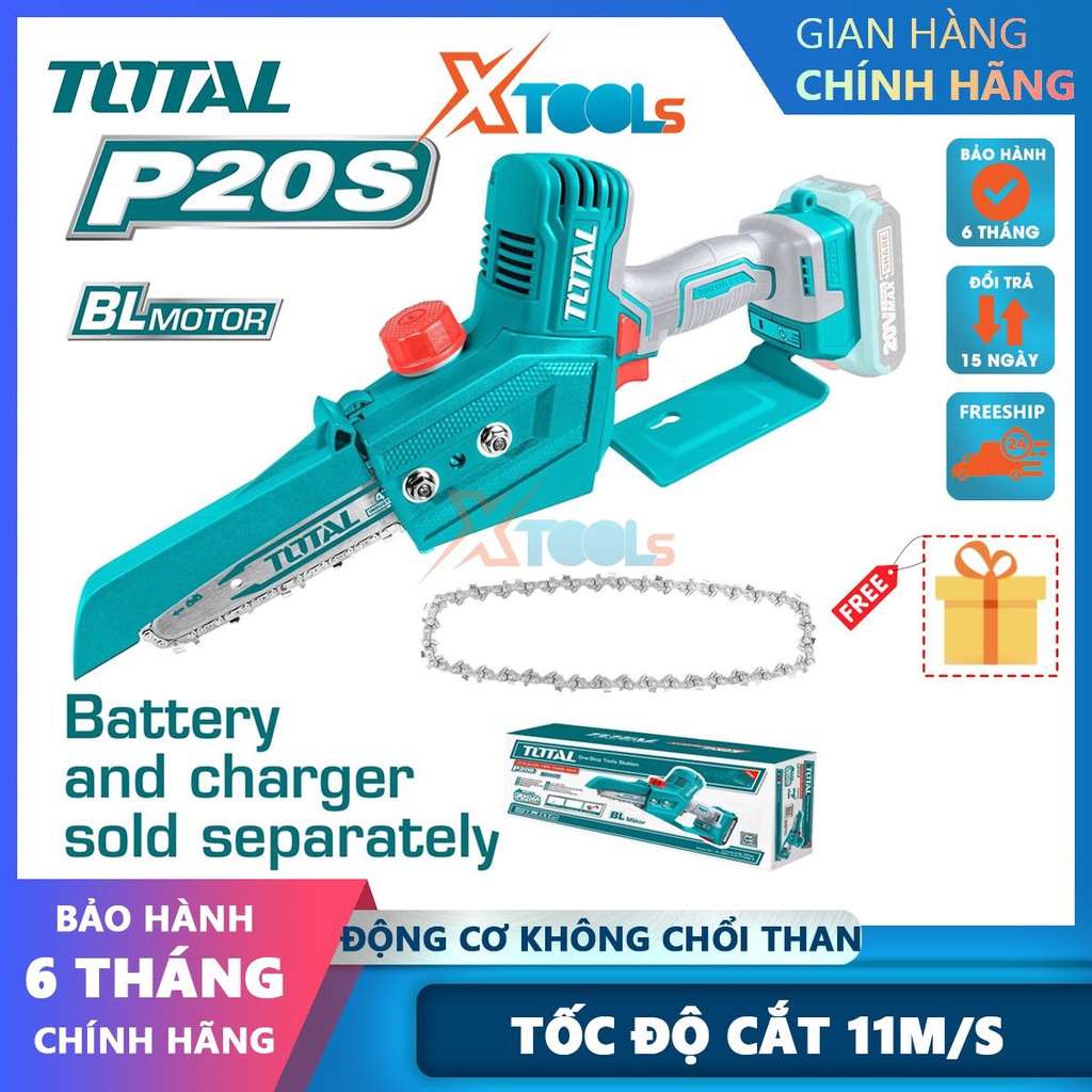 Máy cưa xích mini dùng pin TOTAL TGSLI2068 20V, chiều dài lam cưa 6inch kèm dây xích không gồm pin sạc-CHÍNH HÃNG-XTOOLS