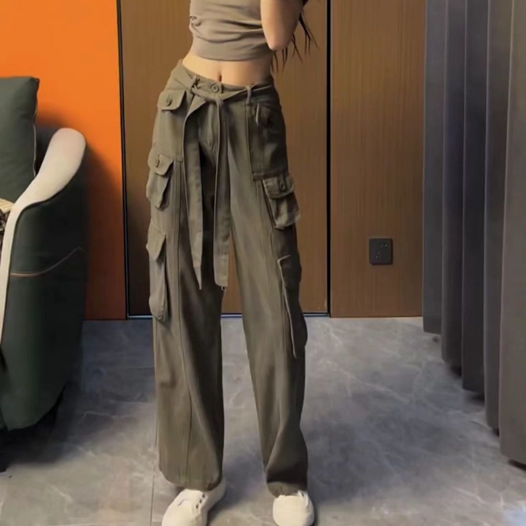 Quần Dài Ống Rộng Phối Nhiều Túi Phong Cách Hip Hop Đường Phố Mỹ Thời Trang Mùa Hè Cho Nữ