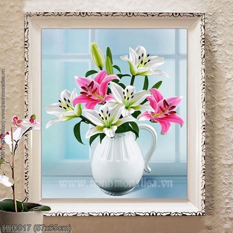 Tranh thêu kín Tĩnh vật bình hoa Ly (HH0817) 💥 kích thước 57*65 cm 📌