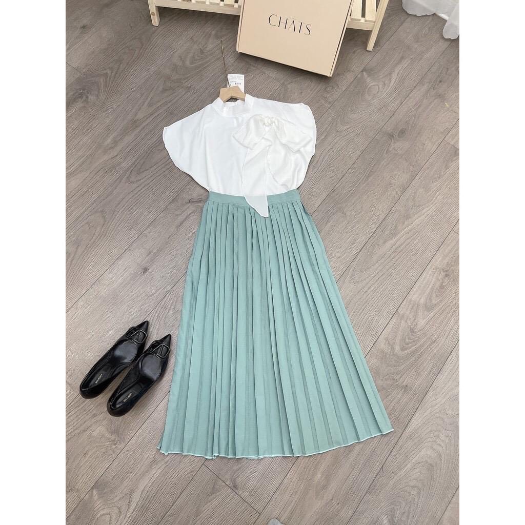 Set đầm váy  gồm chân váy xanh mint dập ly kèm sơmi trắng thắt nơ đẹp nữ tính