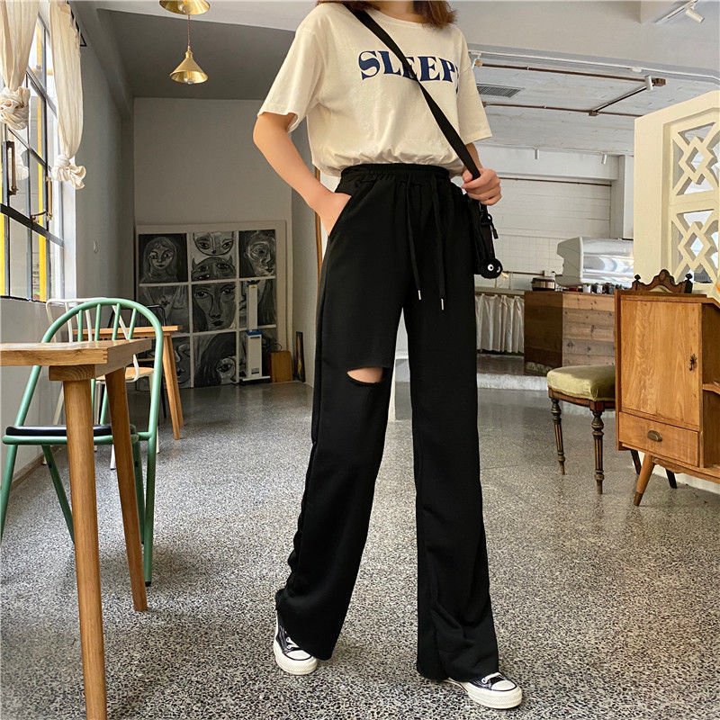 Quần ống rộng nam nữ unisex - Nỉ dáng rộng cạp chun rách gối Unisex phong cách hàn quốc